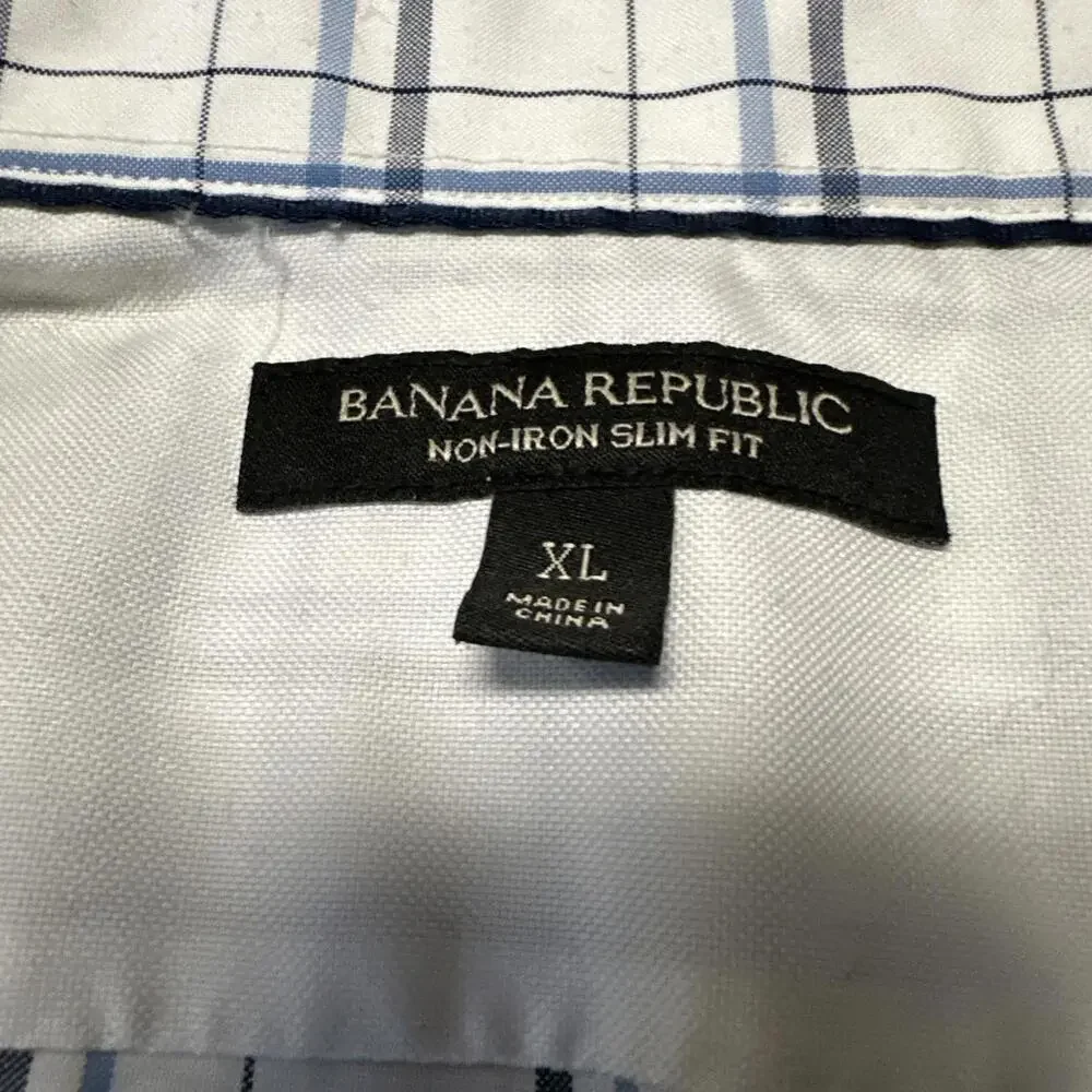 Banana Republic Adult Mens Button Up Shirt‎ XL Blue Plaid Non Iron Slim Fit